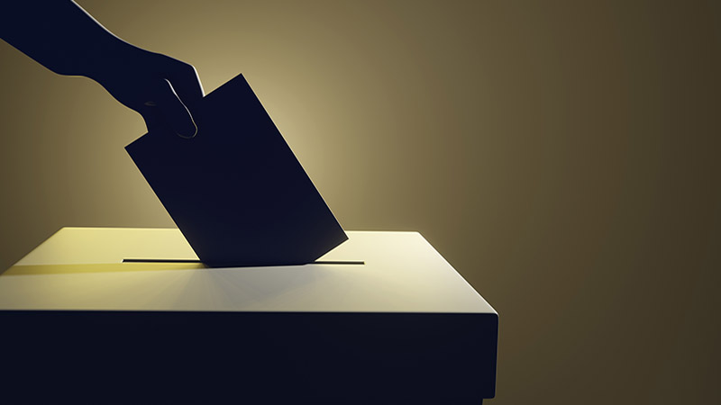 Silhouette of a hand putting a vote into the voting box on pale yellow background. Illustration of the concept of legislative election