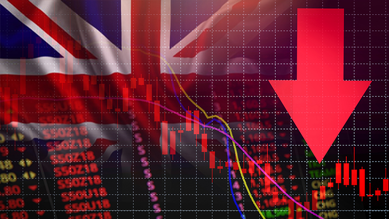 UK. London Stock Exchange market crisis red market price down chart fall / Stock analysis or forex charts graph Business and finance money crisis background red negative drop in sales economic fall