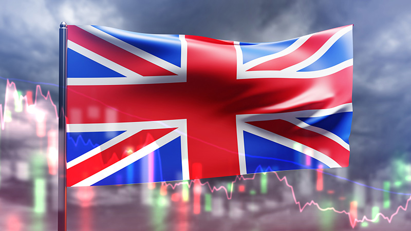 Economy of Great Britain. National flag of United Kingdom. UK economic recession chart. Great Britain financial market. Economic crisis UK. England flag in cloudy sky. UK Crisis chart. 3d image